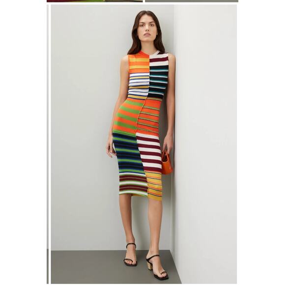 Marni Dress Womens X Small Orange Striped Patchwork Midi Wool Coastal Preppy - Picture 1 of 10